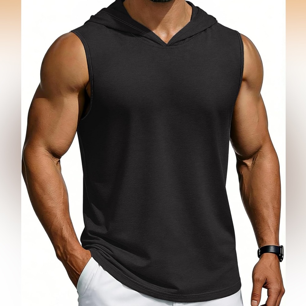 NWT. Men's Black Sleeveless Hoodie Tank Top